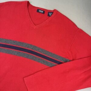 IZOD Sweater Mens X Large Red Striped V-Neck Knit Preppy Y2K 90s